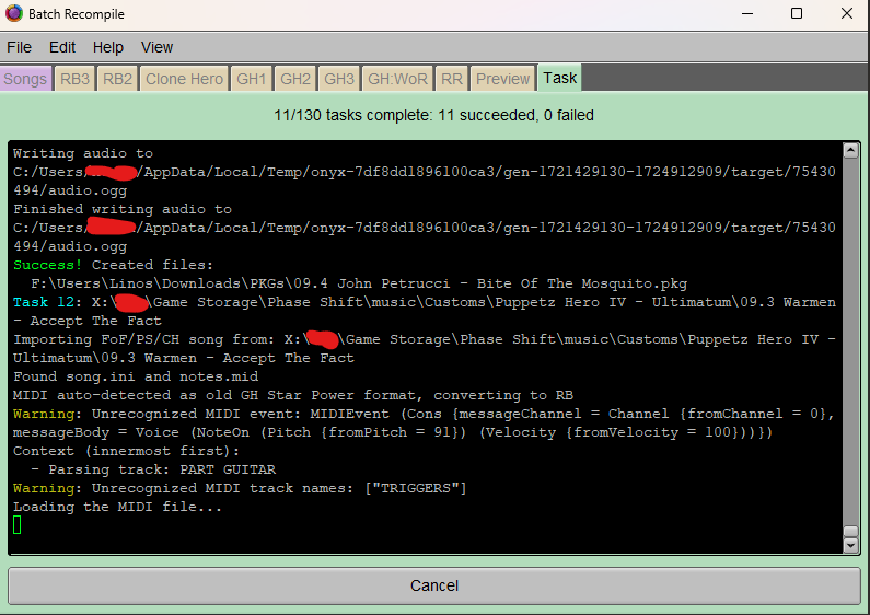 A screenshot of Onyx's Batch Recompile Task tab. It is showing an in-progress conversion.