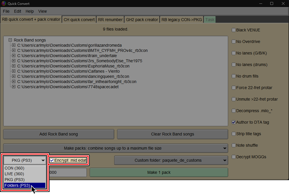 Una captura de la pantalla de Quick Convert dentro de Onyx. El cursor esta sobre "Folders (PS3)" y "Encrypted .mid.edat" esta activado.