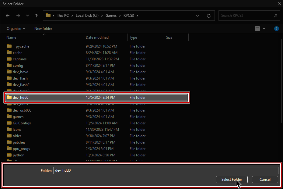 A screenshot of a file browser window. "dev_hdd0" is selected and the cursor is over "Select folder."