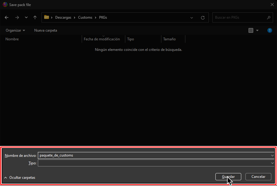Una captura de un explorador de archivos. The file name has been set to "my_custom_pack"