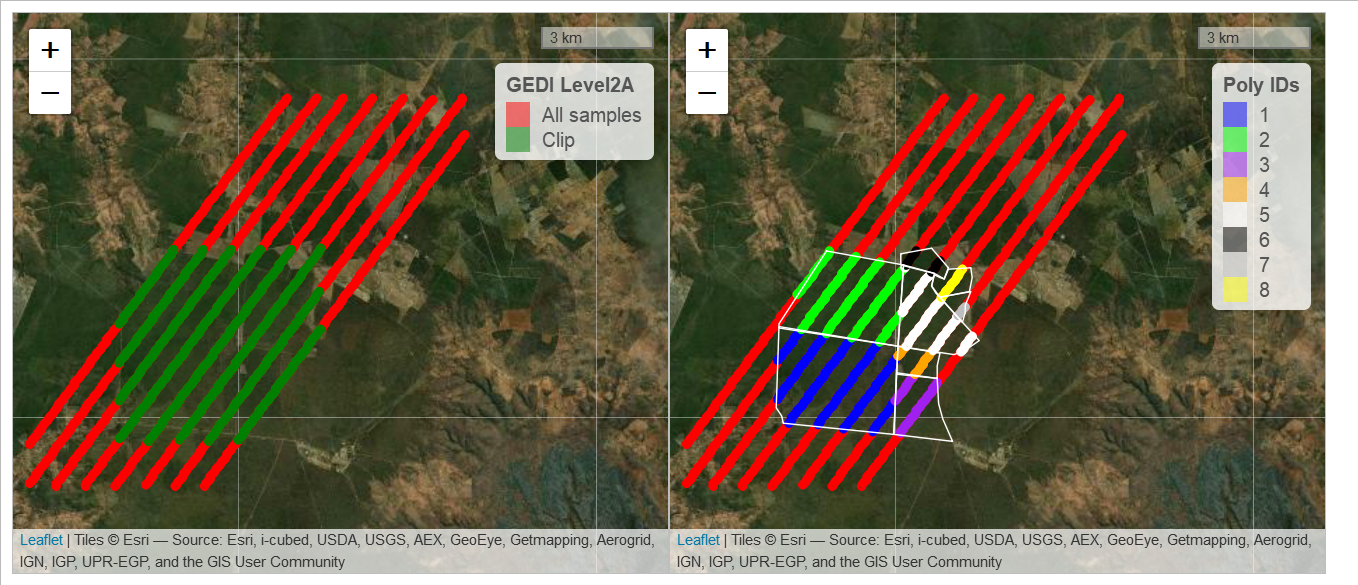 Original rGEDI clipping and footprint visualization