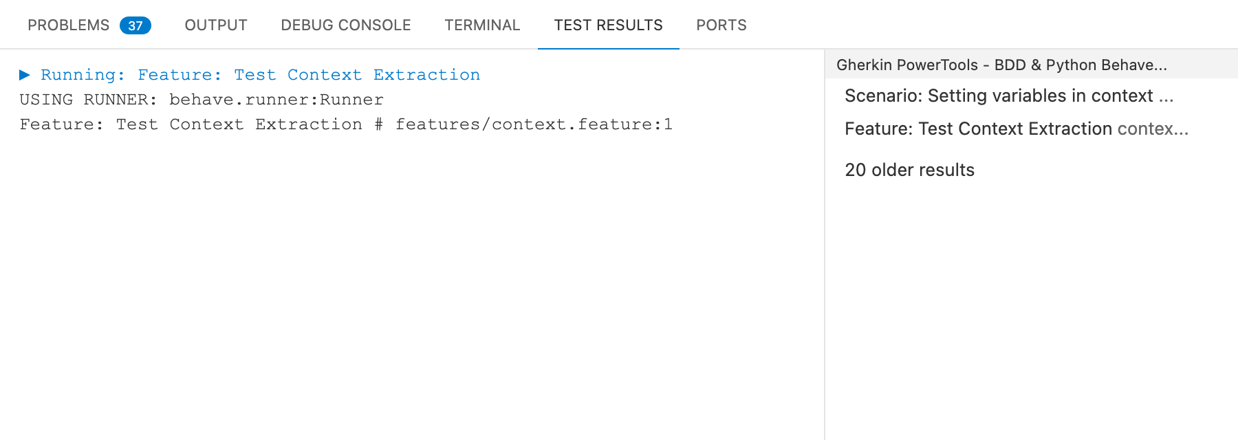 Context Snapshot showing Behave variables in the Test Output