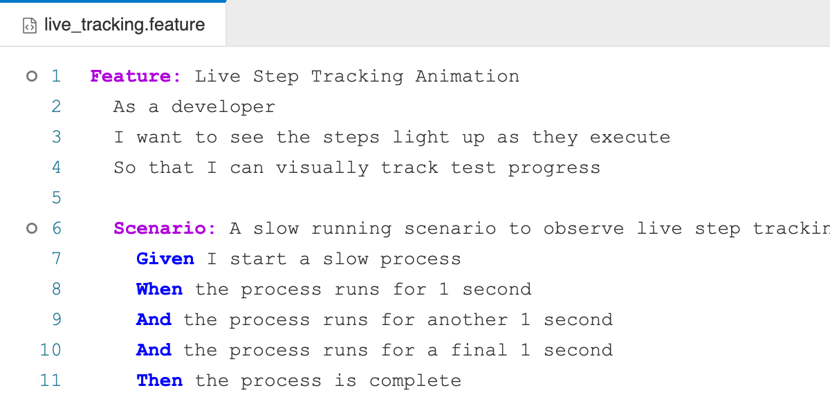 Live Step Tracking animating the execution of a Gherkin scenario
