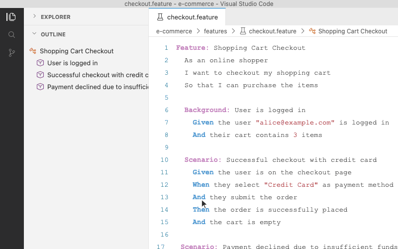 Outline - Feature, Rule, Scenario tree in the VS Code sidebar