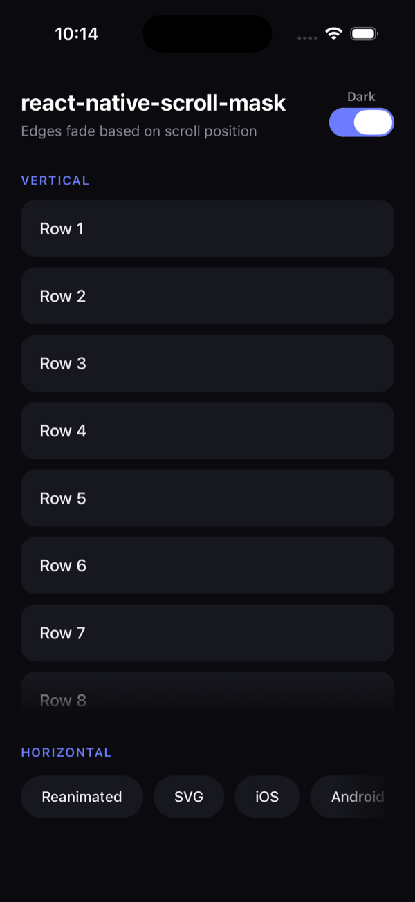 Scroll mask in dark mode — the bottom edge of the list fades out