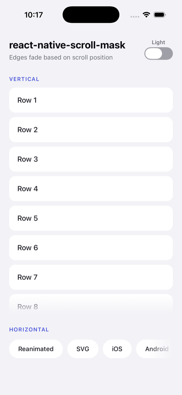 Scroll mask in light mode — the fade adapts to the background color