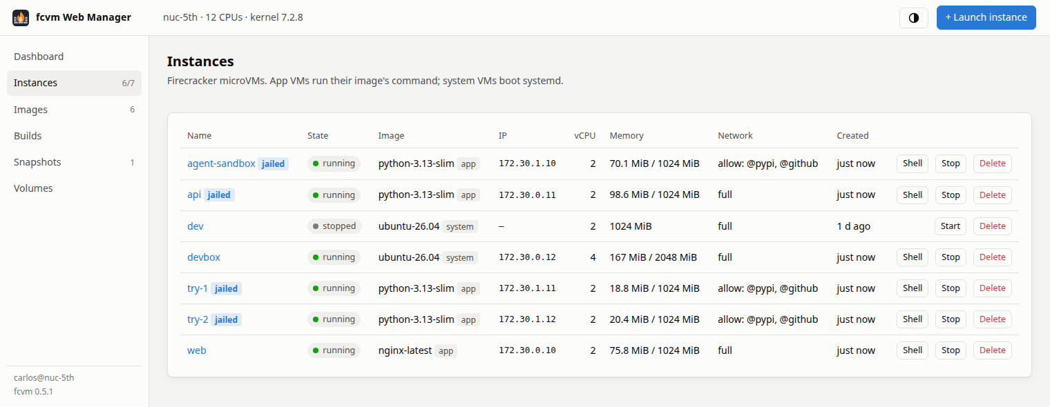 The fcvm web console: running microVMs, from container and system images, with restricted networks and forks
