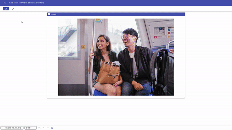 Demo gif showing how to open a file, select and apply an operation to an image and how to drag and resize an image item