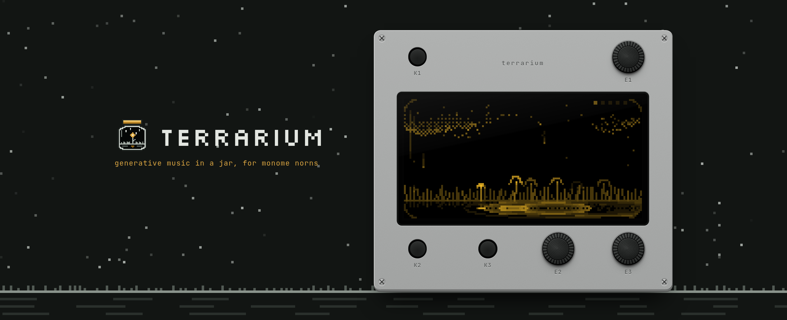 terrarium on a norns shield, standing on the ground under a night sky: rain falls on a meadow and a pond on its screen