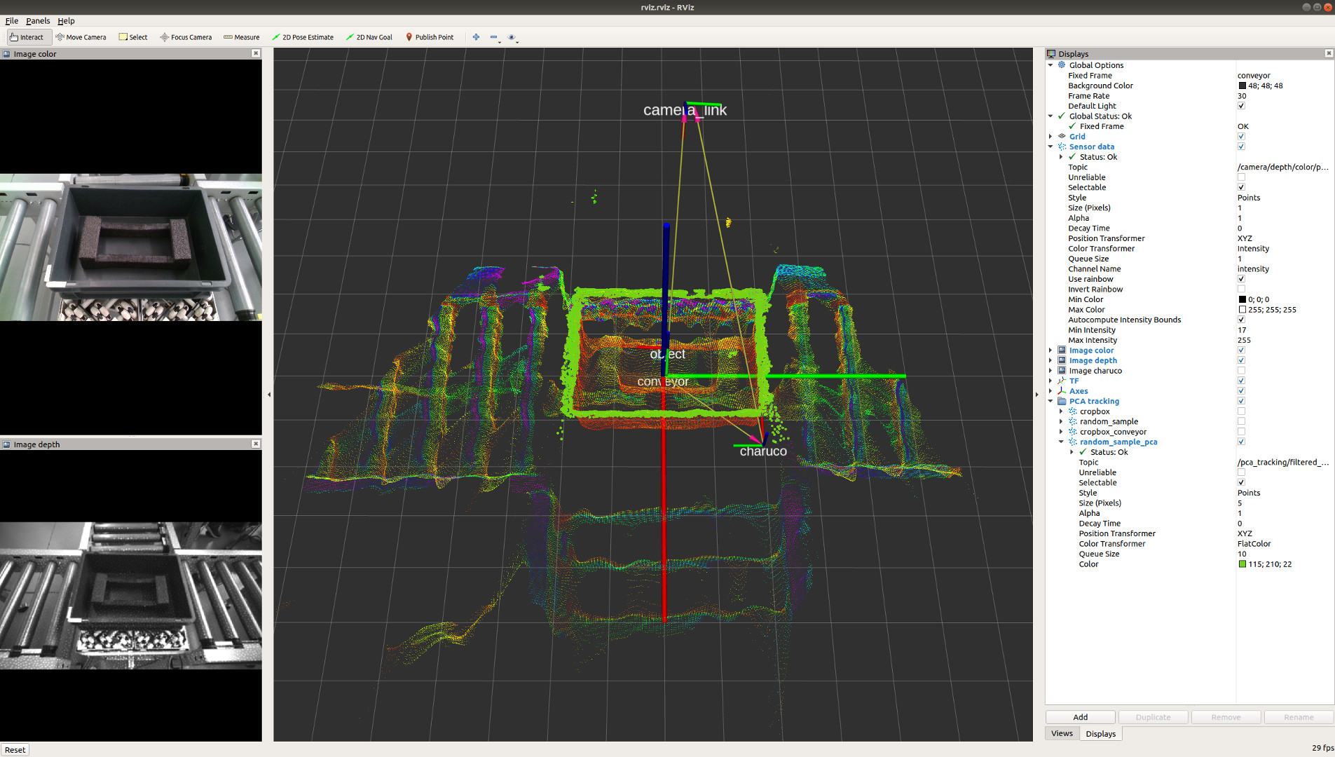 RViz overview of the PCA tracking of the top section of a box on top of a conveyor