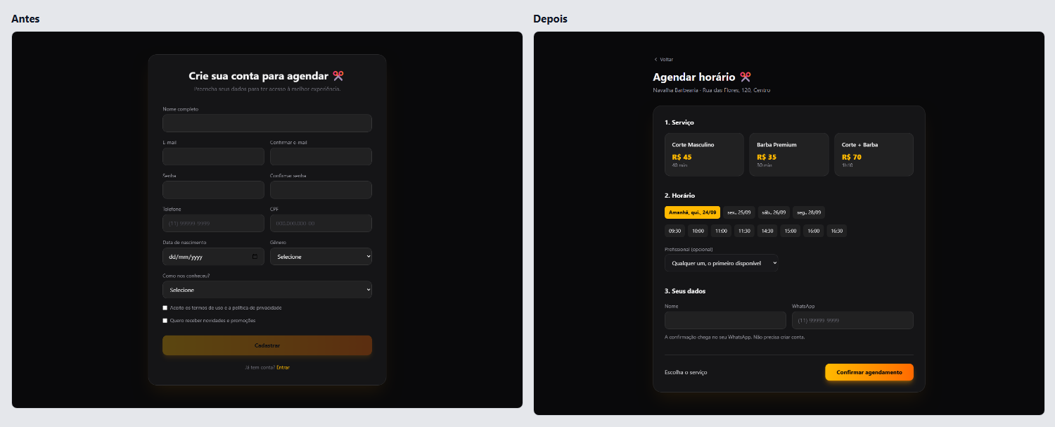 Booking a haircut, before and after: a 12-field sign-up before any time slot, then the whole booking on one page in the same dark design