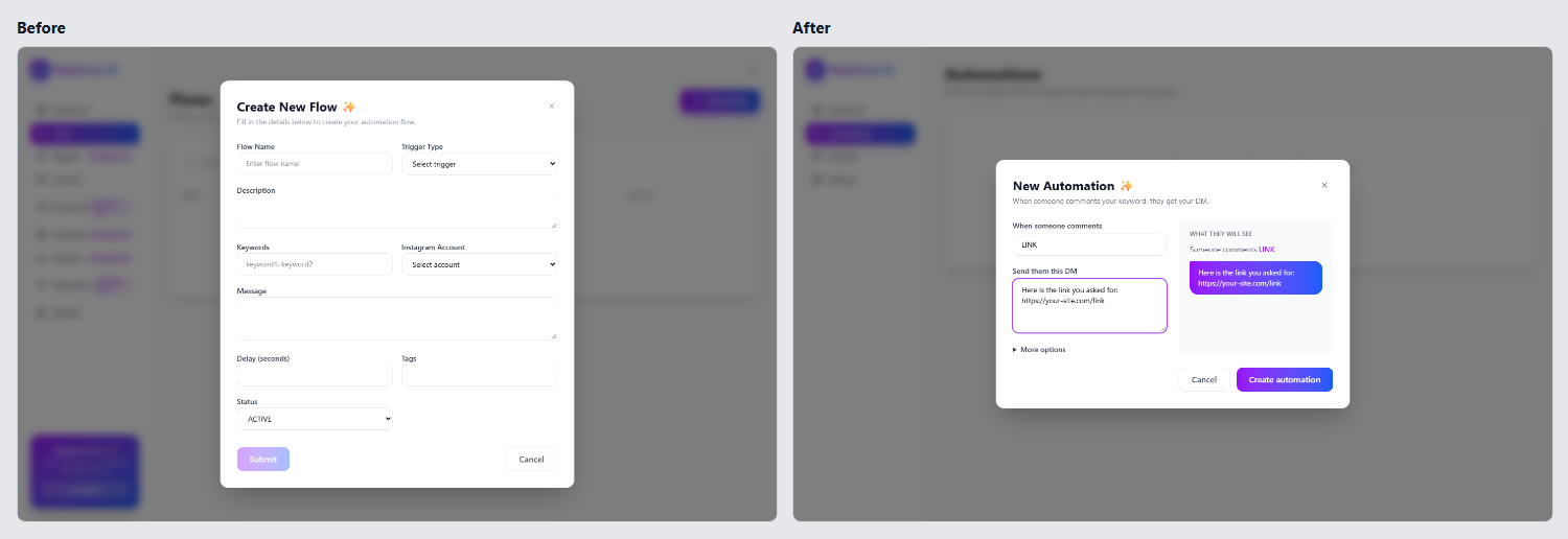 Creating an automation in Replyloop, before and after a Phyll review: the same purple design, with the form cut from nine fields to two and a live preview of the DM
