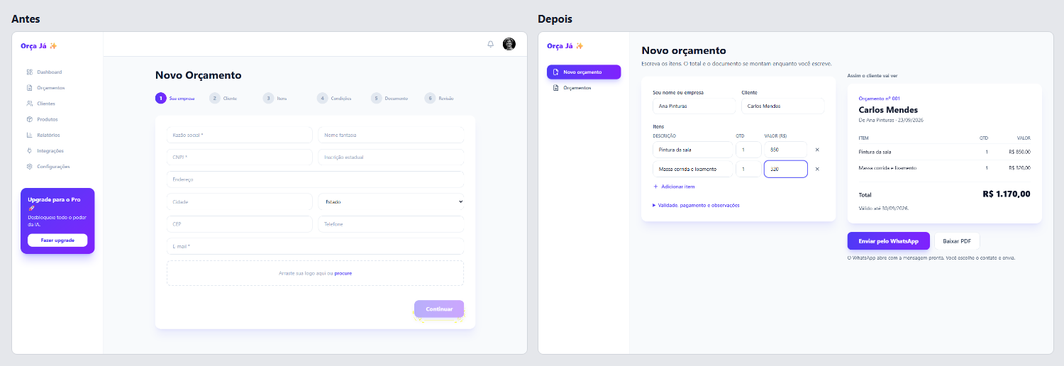 Writing a quote, before and after: the first of six wizard steps, then one page where the quote builds itself as you type