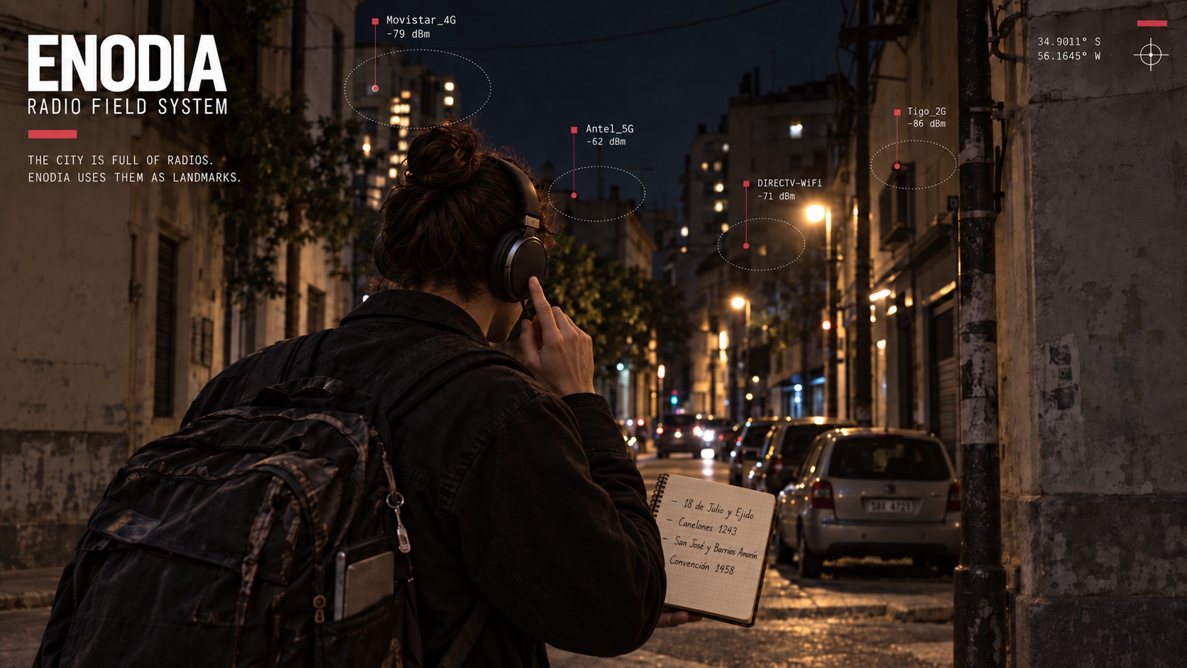 A walker at night on a Montevideo street, seen from behind: a laptop in the backpack, a hand on the headset button, and an open paper notebook of street crossings in the other hand, with the networks overhead labelled by name and signal strength.