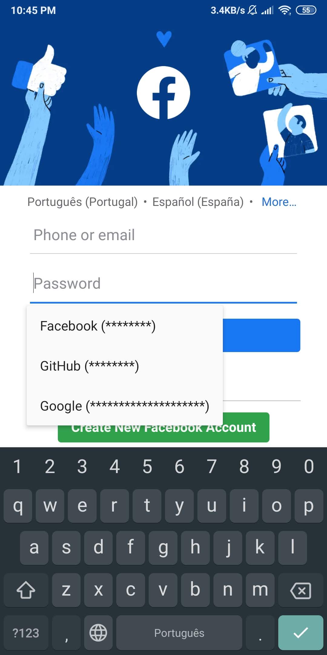 Facebook login password