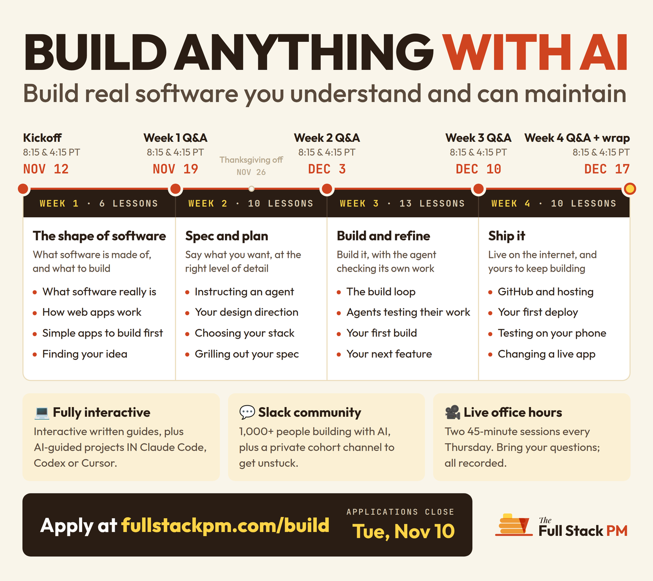Build Anything with AI: curriculum and schedule, Nov 12 to Dec 17