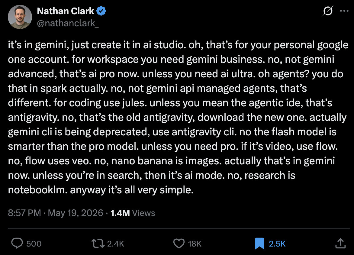 Tweet by @nathanclark_ on Google product confusion