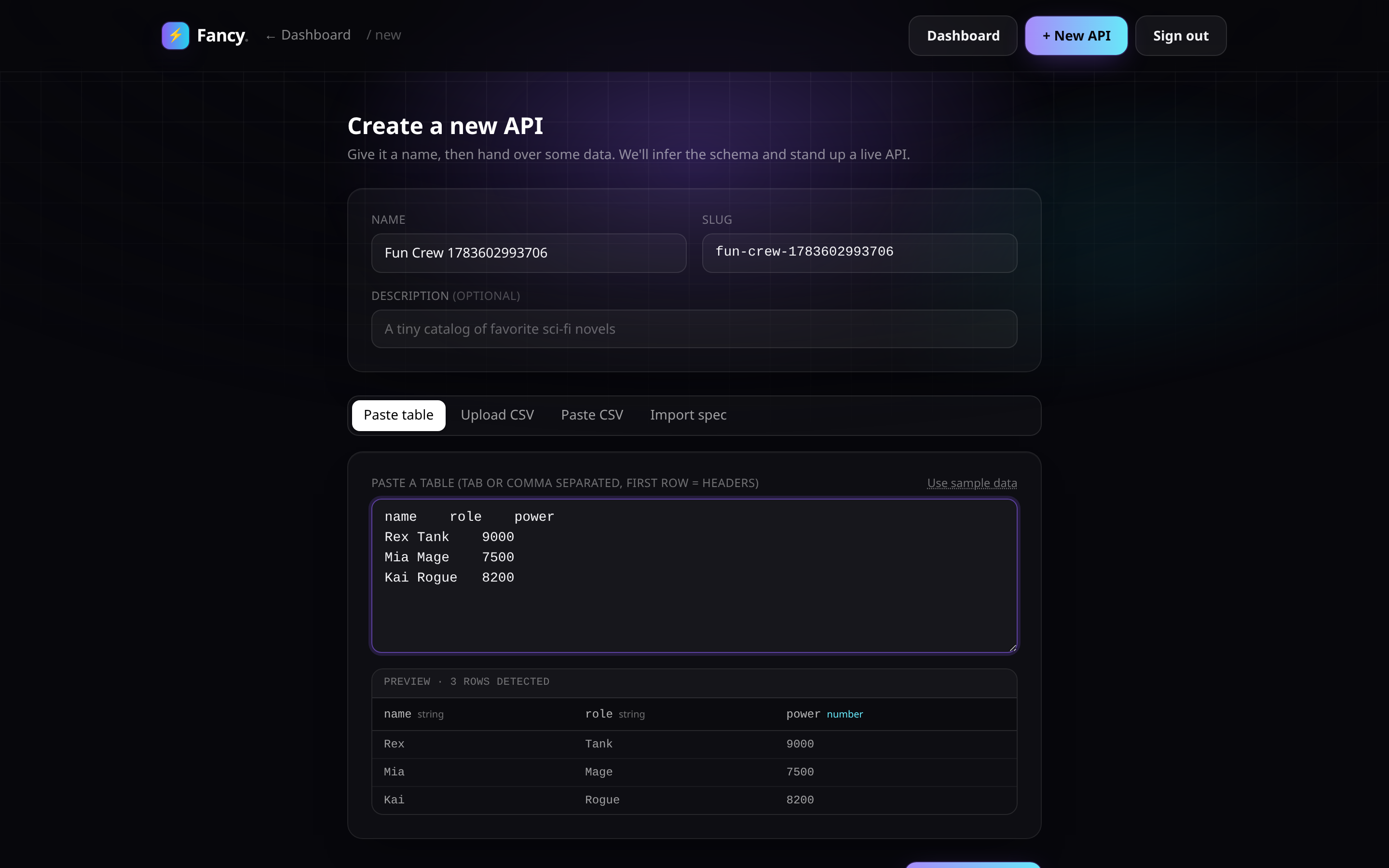 Create-an-API form with a pasted table ready to submit