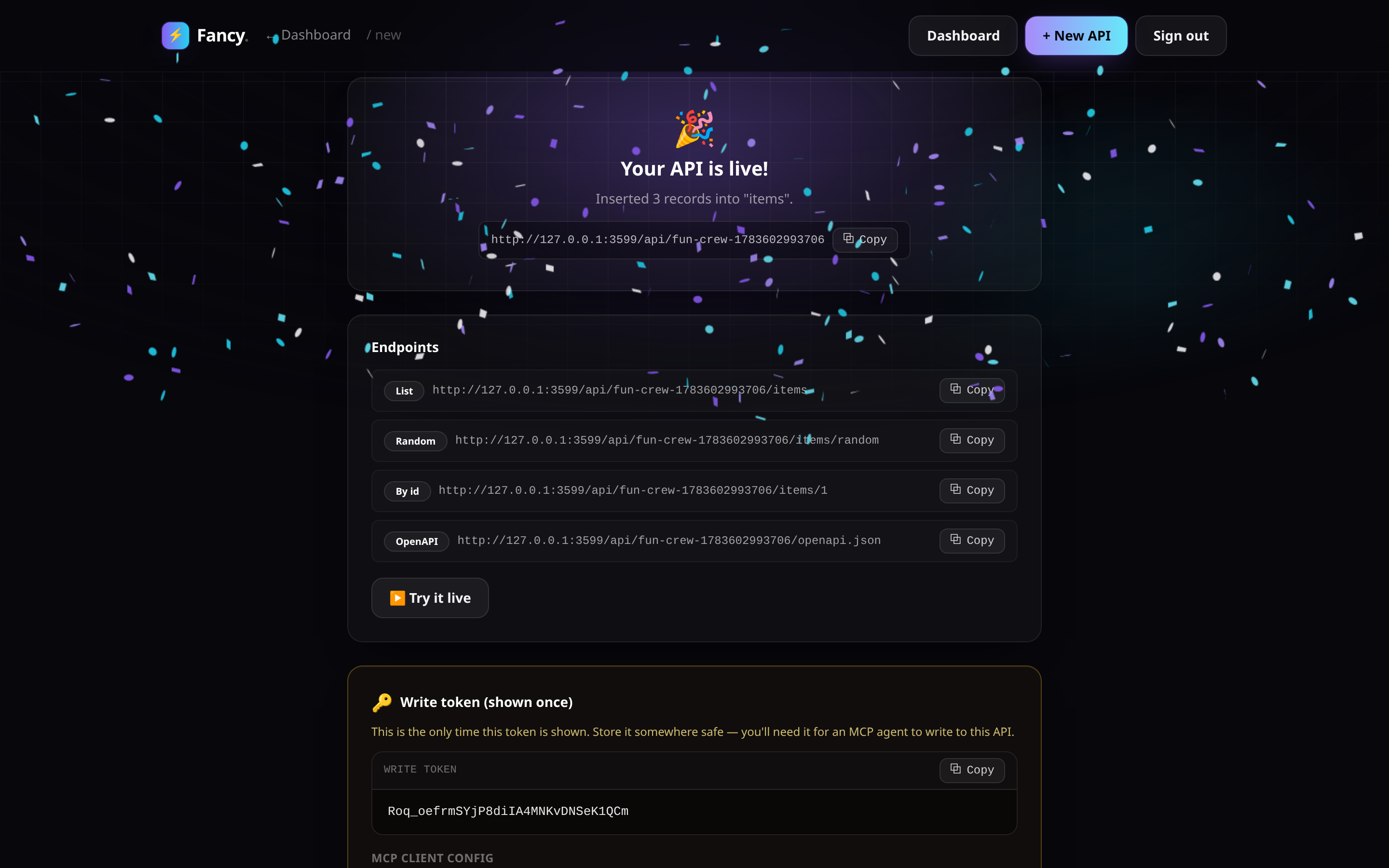 Success panel showing a freshly created API's live endpoints