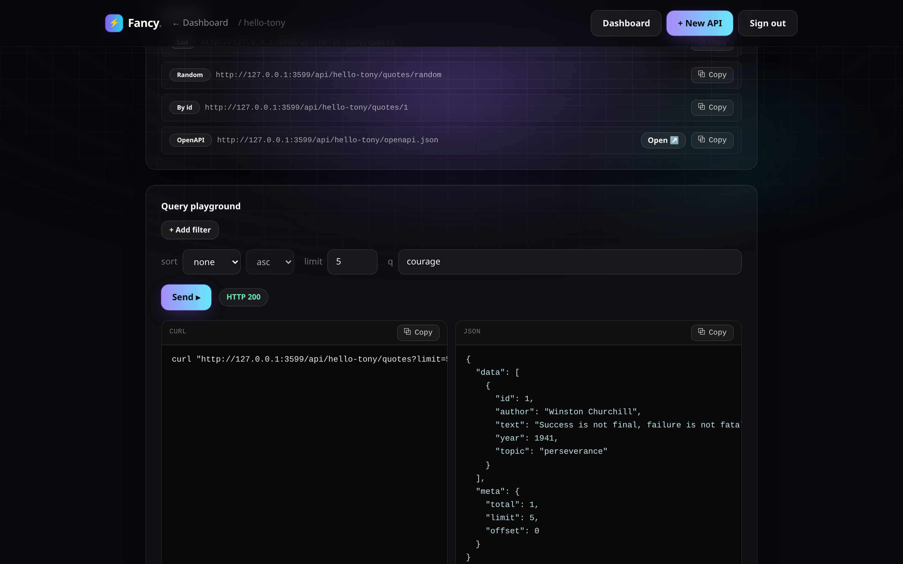 Query playground building a filtered request and showing the JSON response
