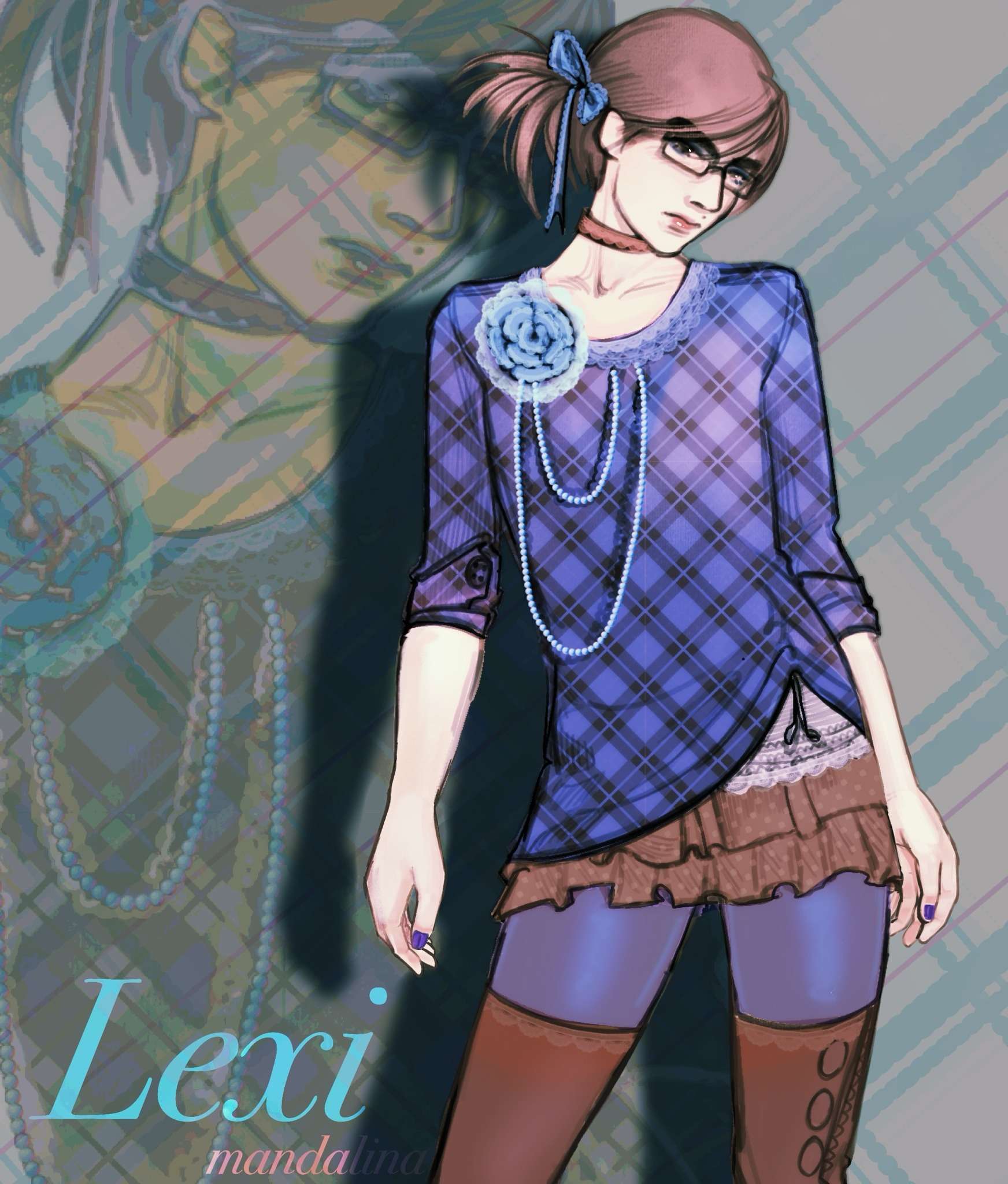 art of transfem alex with her shoulder length hair in a side ponytail with a blue bow, a blue shirt with connecting rhombuses, a short brown, frilly skirt, brown, mid-thigh boots, and blue tights. there's also a large blue flower over her right shoulder. her nails are painted blue