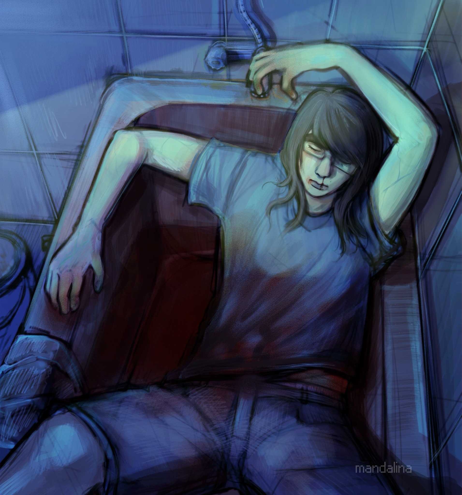 art of transfem alex with long hair in a bathtub with a lot of blood and a stomach wound