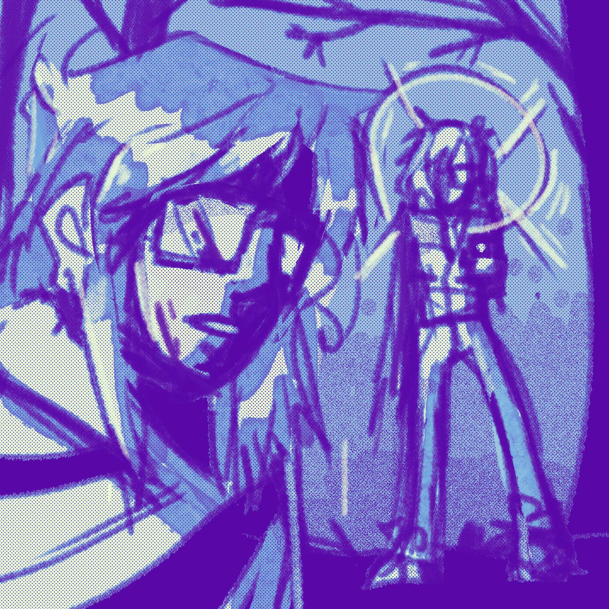 art of transfem alex in the wood. ones is of her shoulders and up with blood on her face and longer hair. there's also art of her standing in the background with long hair and the operator symbol (circle with x through it) behind her head