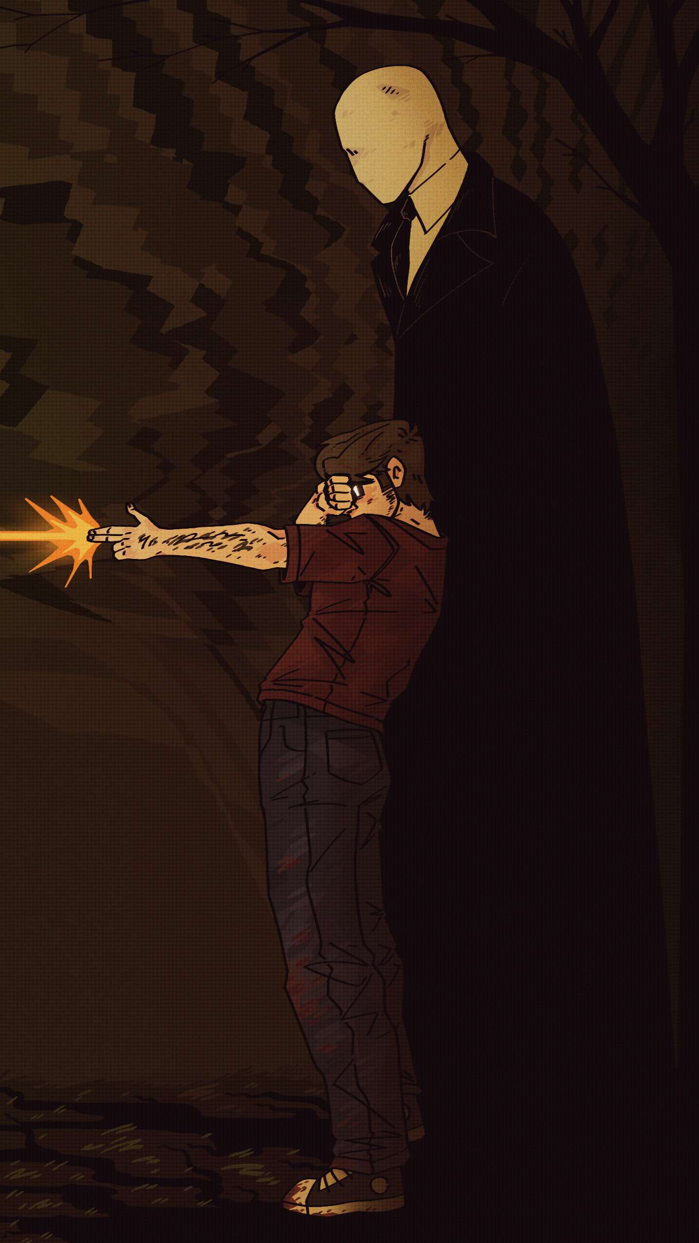 art of alex kralie with his arm out as if shooting a gun with a blast coming from it, other hand over his eyes, and the operator looming over him behind him. there is blood on his pants