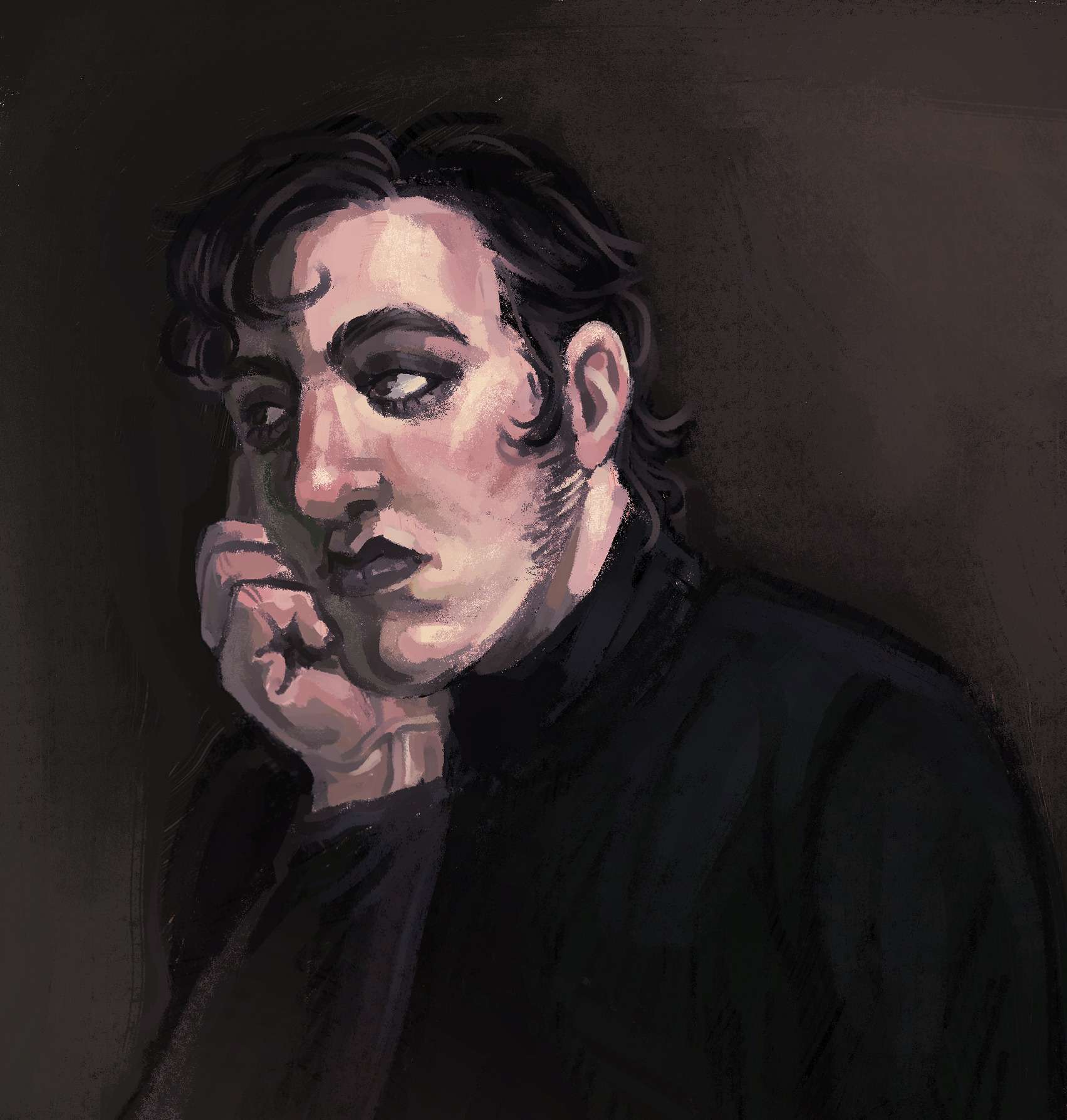 art of tim wright in a black turtle neck looking wistfully sad and gothic with dark eyeshadow and eyeliner