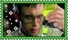 a stamp of herbert west from reanimator holding glowing green liquid in a bottle