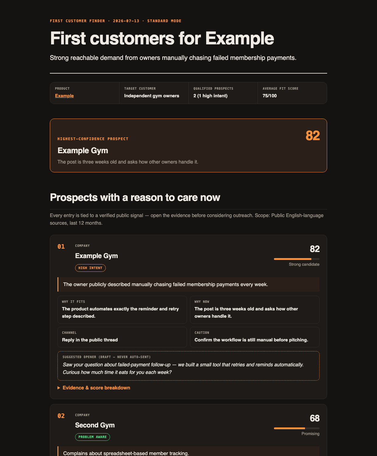 Sample first-customer report generated by the skill