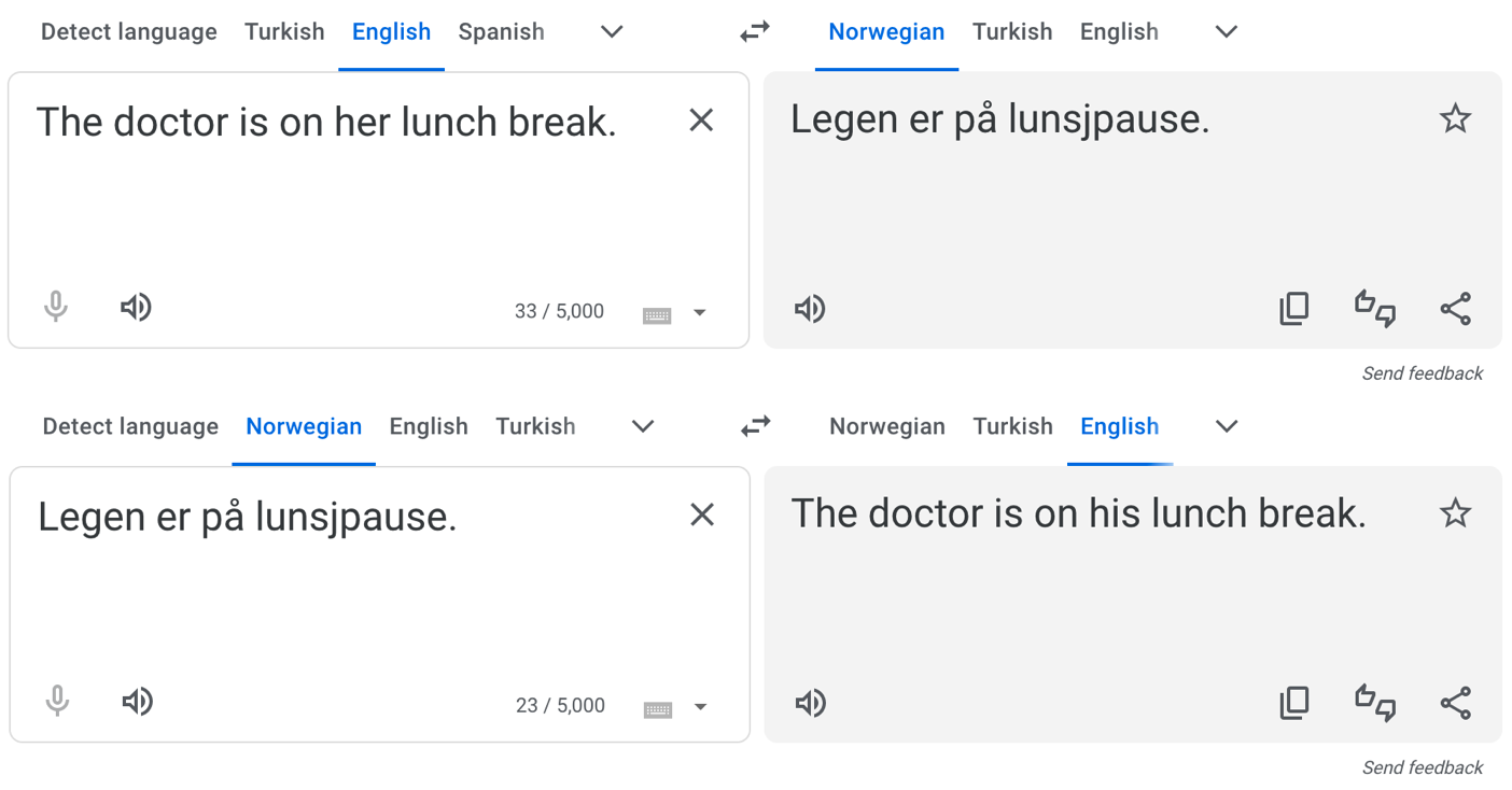 Screenshot of Google Translate output. The English sentence "The doctor is on her lunch break" is translated to Norwegian, and then the Norwegian output is translated back to English as "The doctor is on his lunch break".