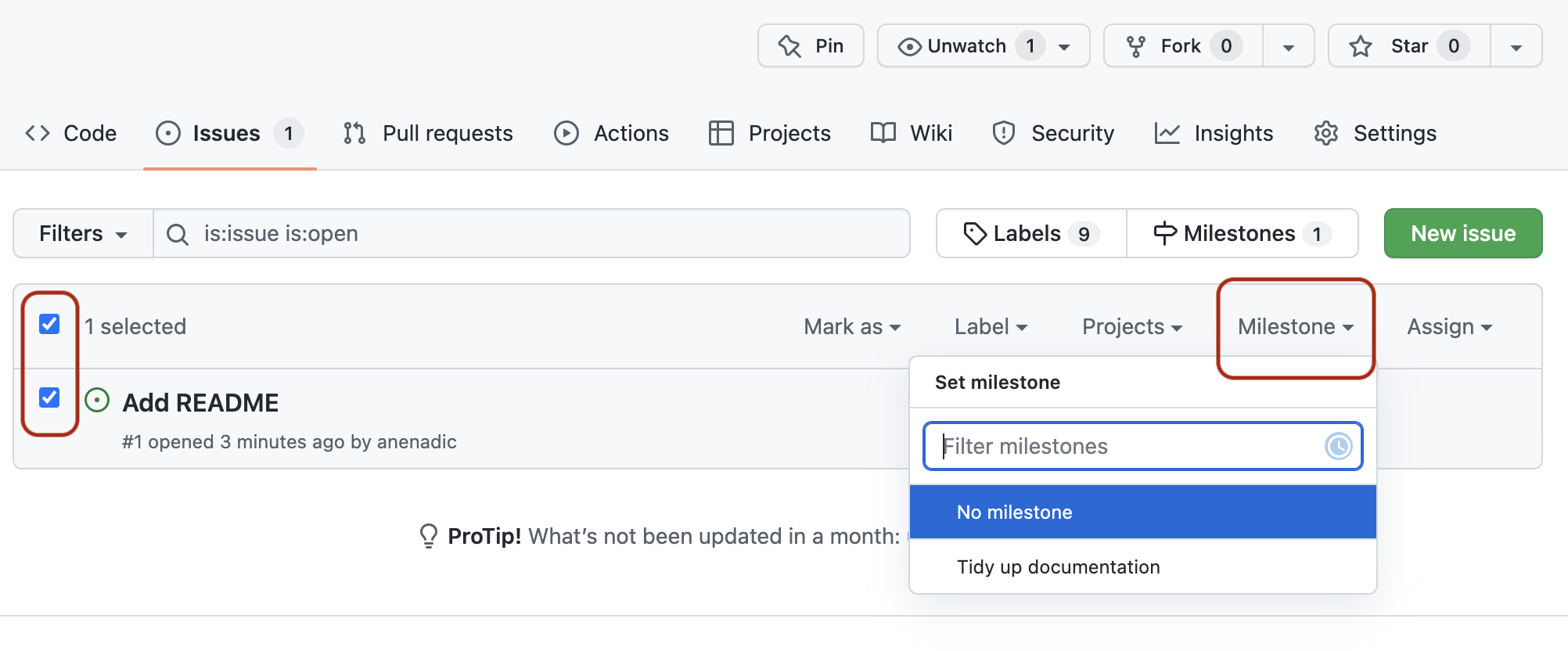Screenshot showing how to assign an issue to a milestone. The issue list tab of a repository is shown with a single issue "Add README" selected and the Milestone dropdown on issue filter controls expanded with a list of available milestones that can be assigned to the issue shown, currently showing one milestone "Tidy up documentation".