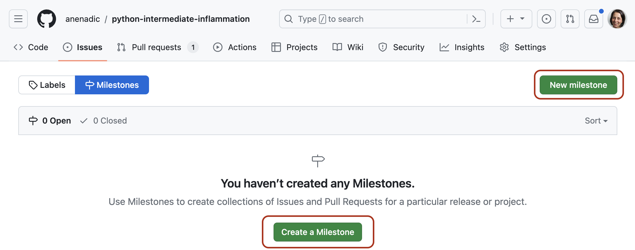 Screenshot showing how to create a milestone in GitHub. The Milestones view within Issues tab is shown with a message indicating no milestones have been created so far. Two buttons for creating a new milestone are highlighted.