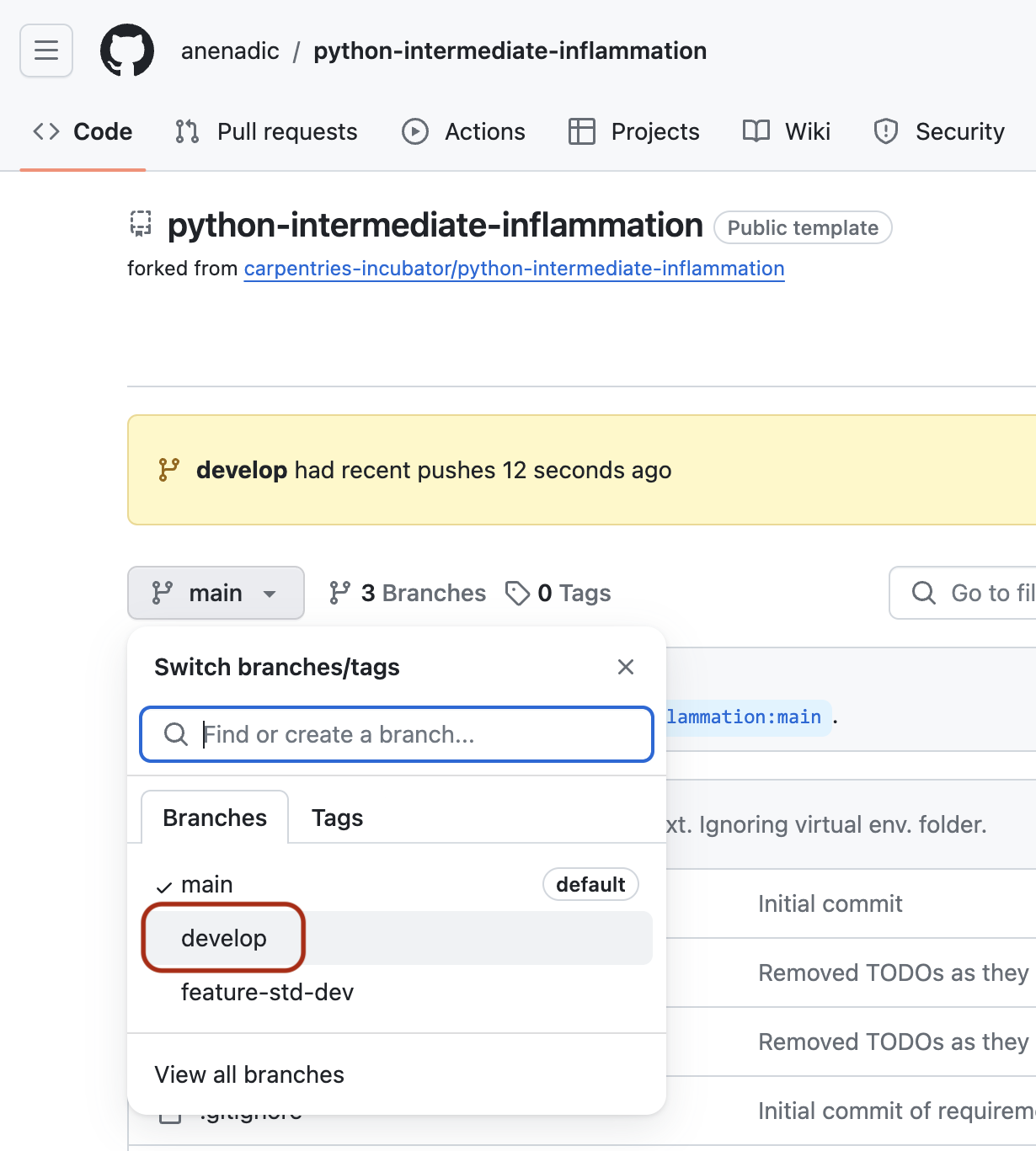 Code tab of GitHub web interface showing notification indicating develop branch had recent pushes. Branch selector dropdown is shown with main (default) branch showing as currently selected and two other branches develop and feature-std-dev showing as present, with develop highlighted.