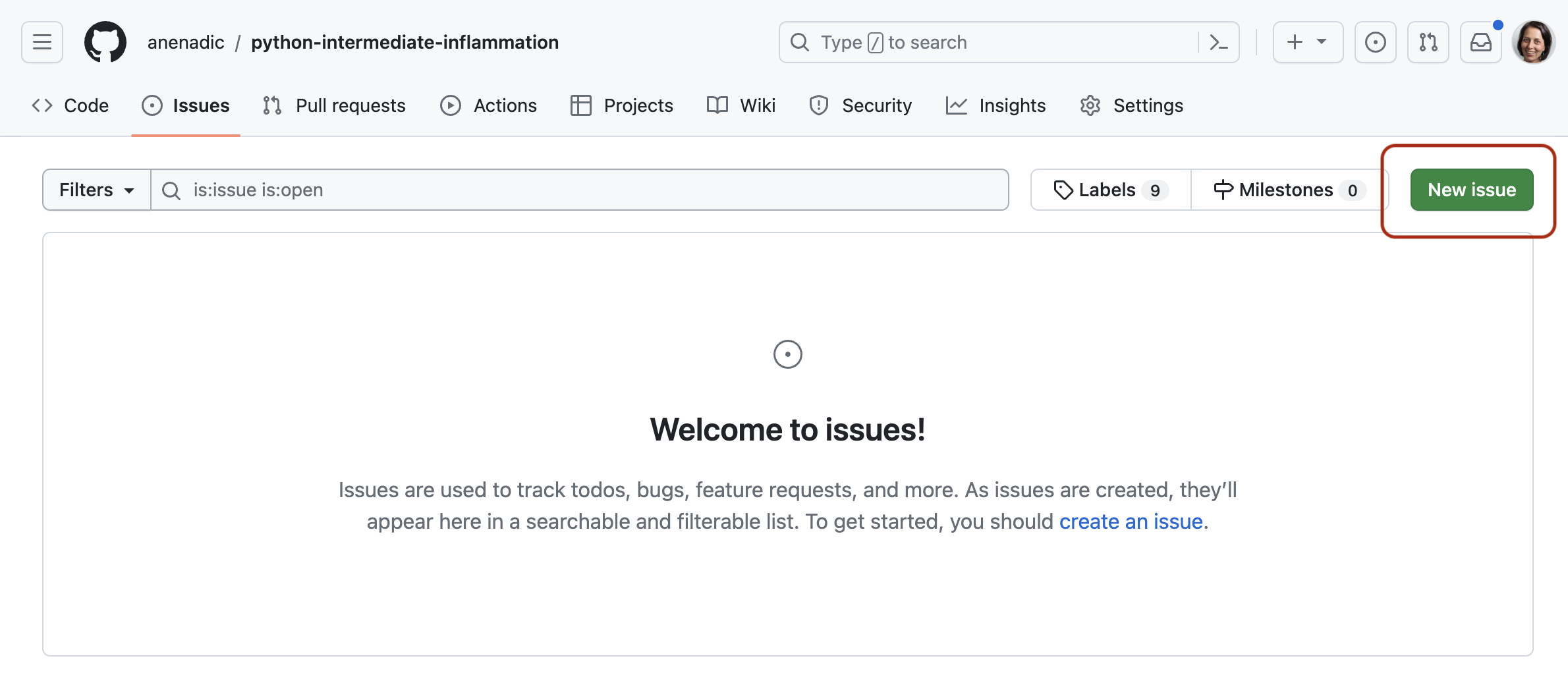 Screenshot showing issue list tab in GitHub web interface for a repository named python-intermediate-inflammation. There are currently no issues listed and the new issue button in interface is highlighted.