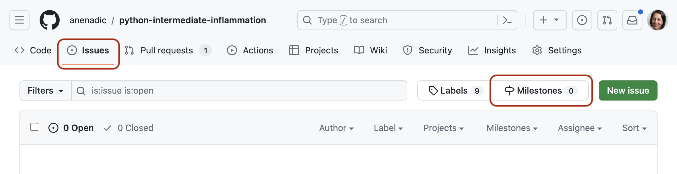 Screenshot showing how to access Milestones interface in GitHub. The Issues tab for a repository is shown with Milestones button to left of New Issue button highlighted.