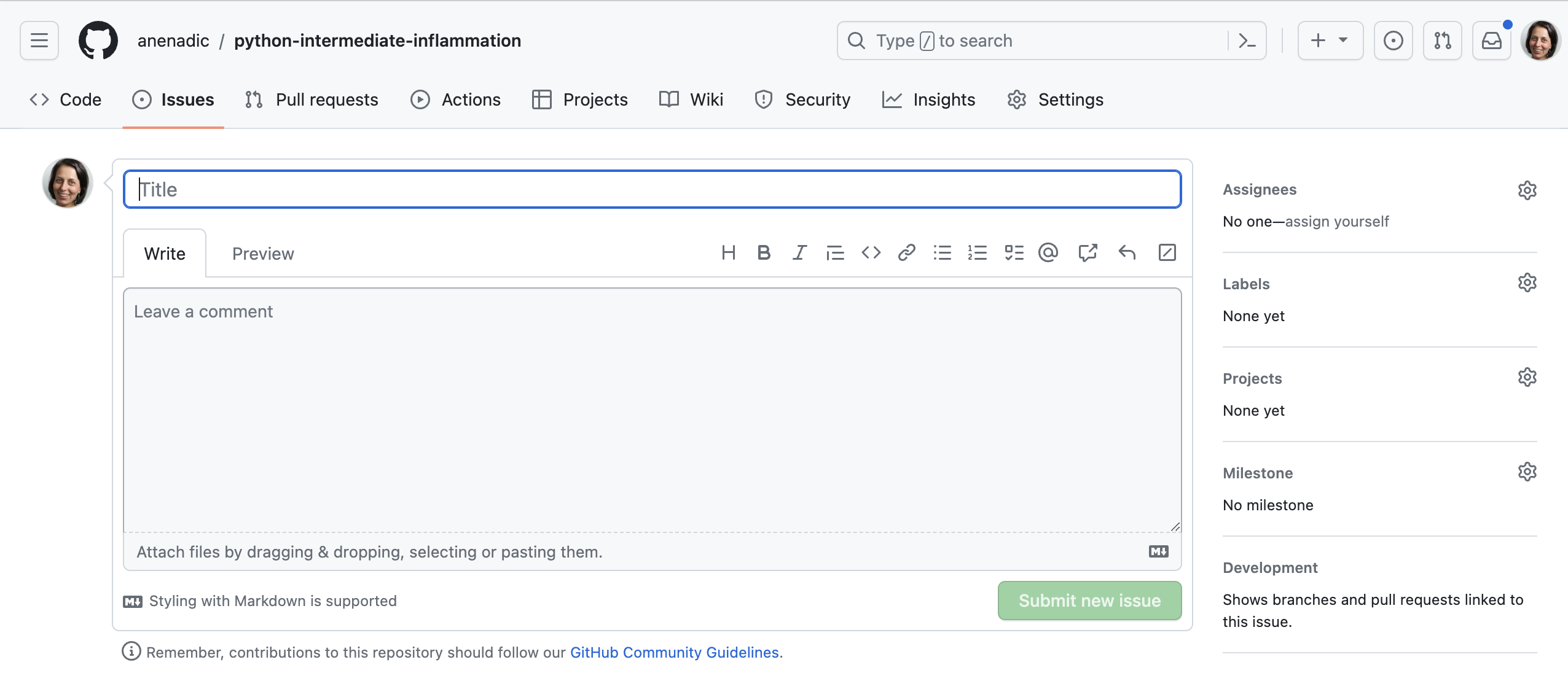 Screenshot showing new issue form in GitHub web interface. The form currently has no details entered in title or comment fields with cursor currently in title field.