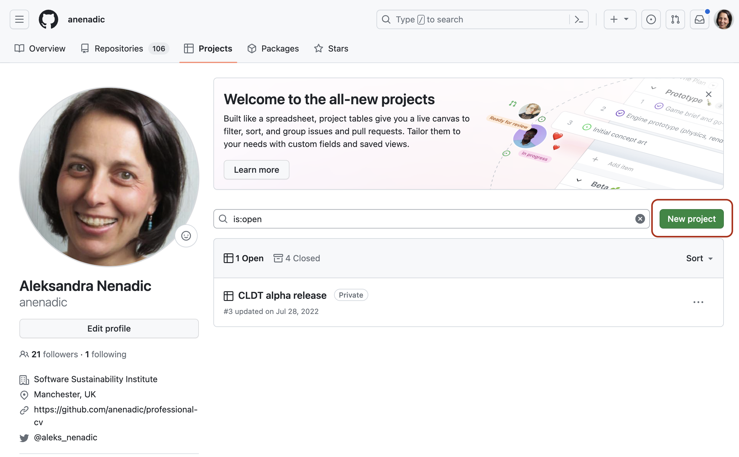 Screenshot of projects tab for a GitHub user profile with new project button highlighted.