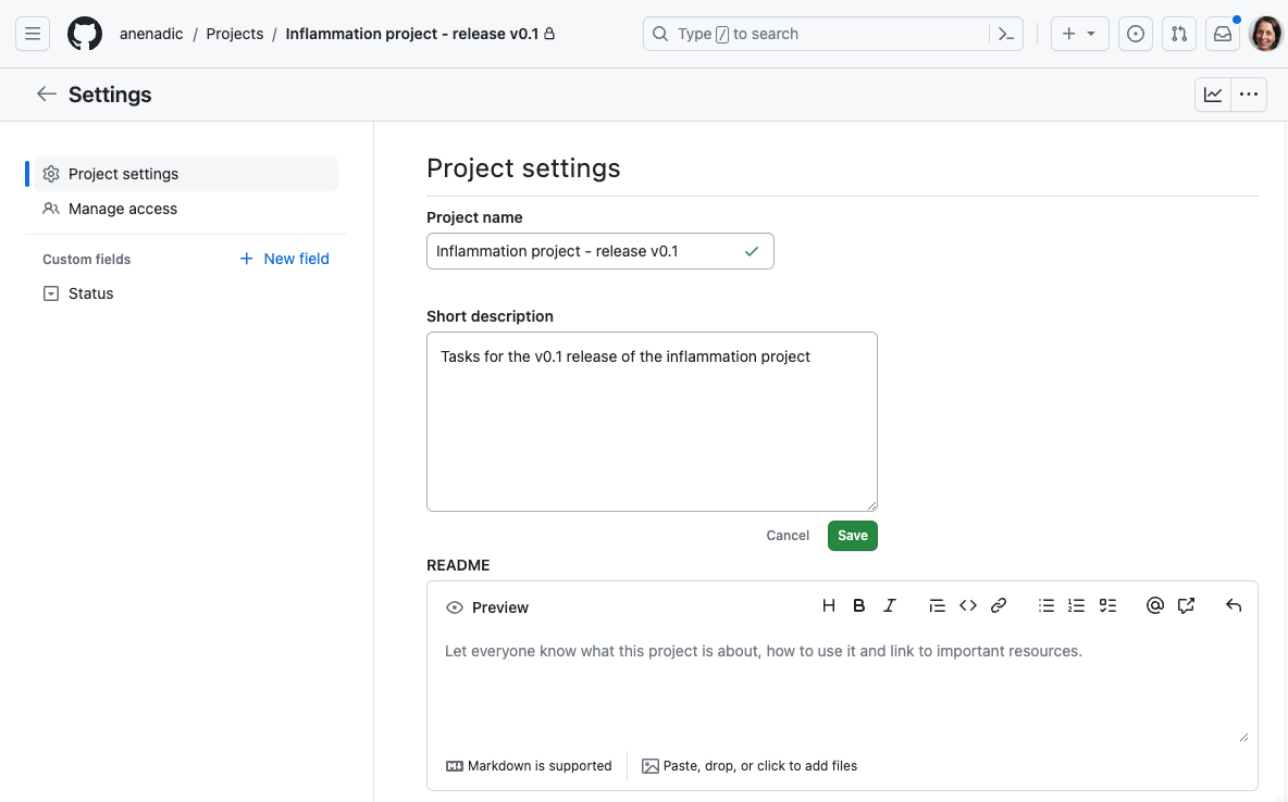 Screenshot showing project settings page in GitHub. Short description field on page has had text "Tasks for the v0.1 release of the inflammation project" entered.