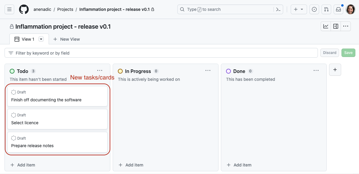 Screenshot showing adding issues and notes to a project board in GitHub. The board shows three columns Todo, In Progress and Done, with three draft tasks entered into the Todo column: Finish off documenting the software; Select licence; Prepare the release notes.
