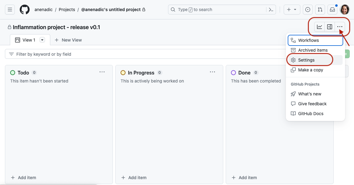 Screenshot showing how to access project board settings in GitHub. A dropdown menu has been expanded from the "Show Options" button with Settings option within this menu highlighted.