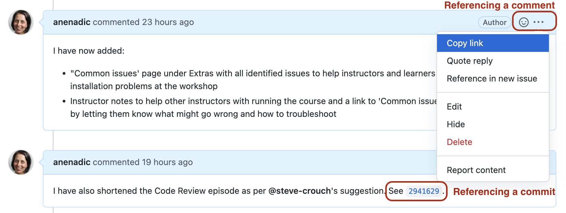 Screenshot of comment thread in a GitHub issue showing dropdown menu expanded for a particular comment to allow copying link to comment to reference elsewhere. Also shown and highlighted is a autolink to a particular commit hash.