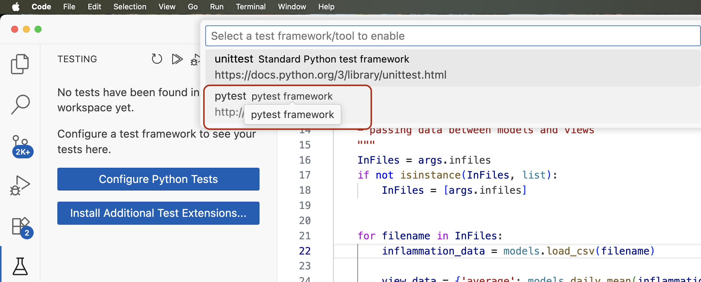 Setting up test framework in VS Code