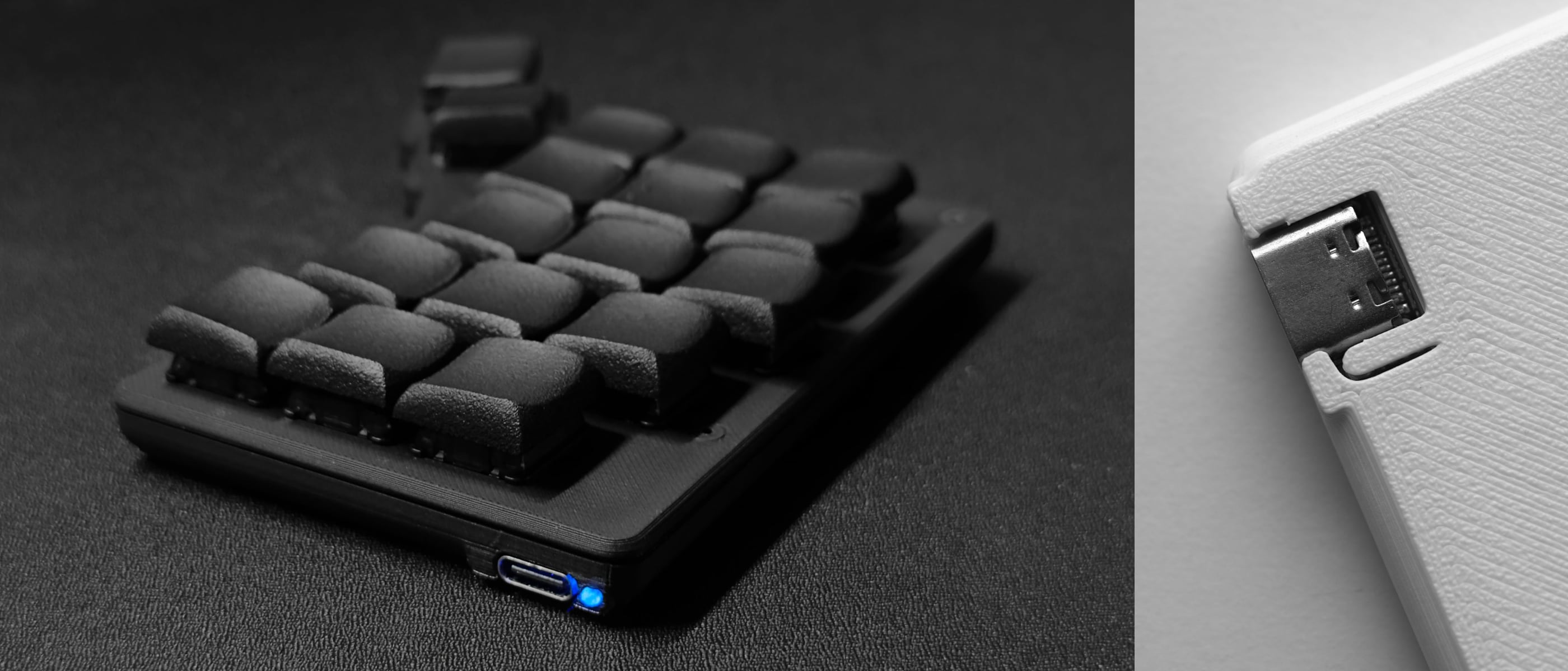Forager keyboard with LED indicator lit up in blue alongside reset button on the bottom