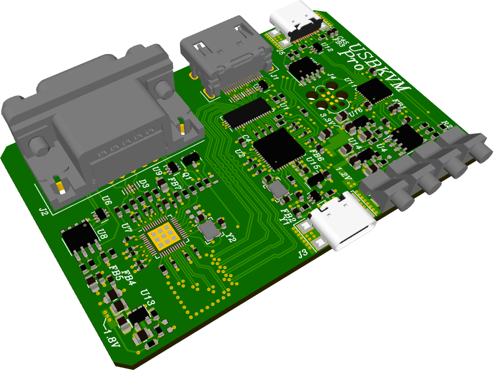 3D rendering of a green PCA with a VGA, HDMI and a USB Type-C connector
on the left edge. On the board itself, there are thre QFN ICs as well
as a variety of other components. On the right edge, there's another
USB Type-C connector and four light pipes. USBKVM Pro is silkscreend in the top
corner.