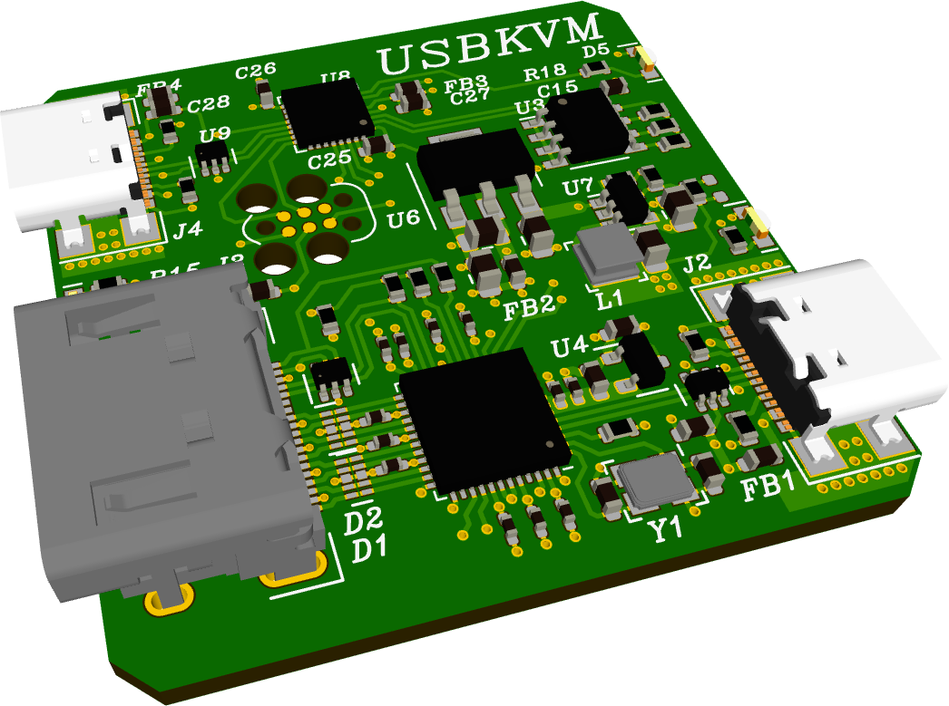 3D rendering of a green PCA with an HDMI and a USB Type-C connector
on the left edge. On the board itself, there are two QFN ICs as well
as a variety of other components. On the right edge, there's another
USB Type-C connector. USBKVM is silkscreend in the top right corner.