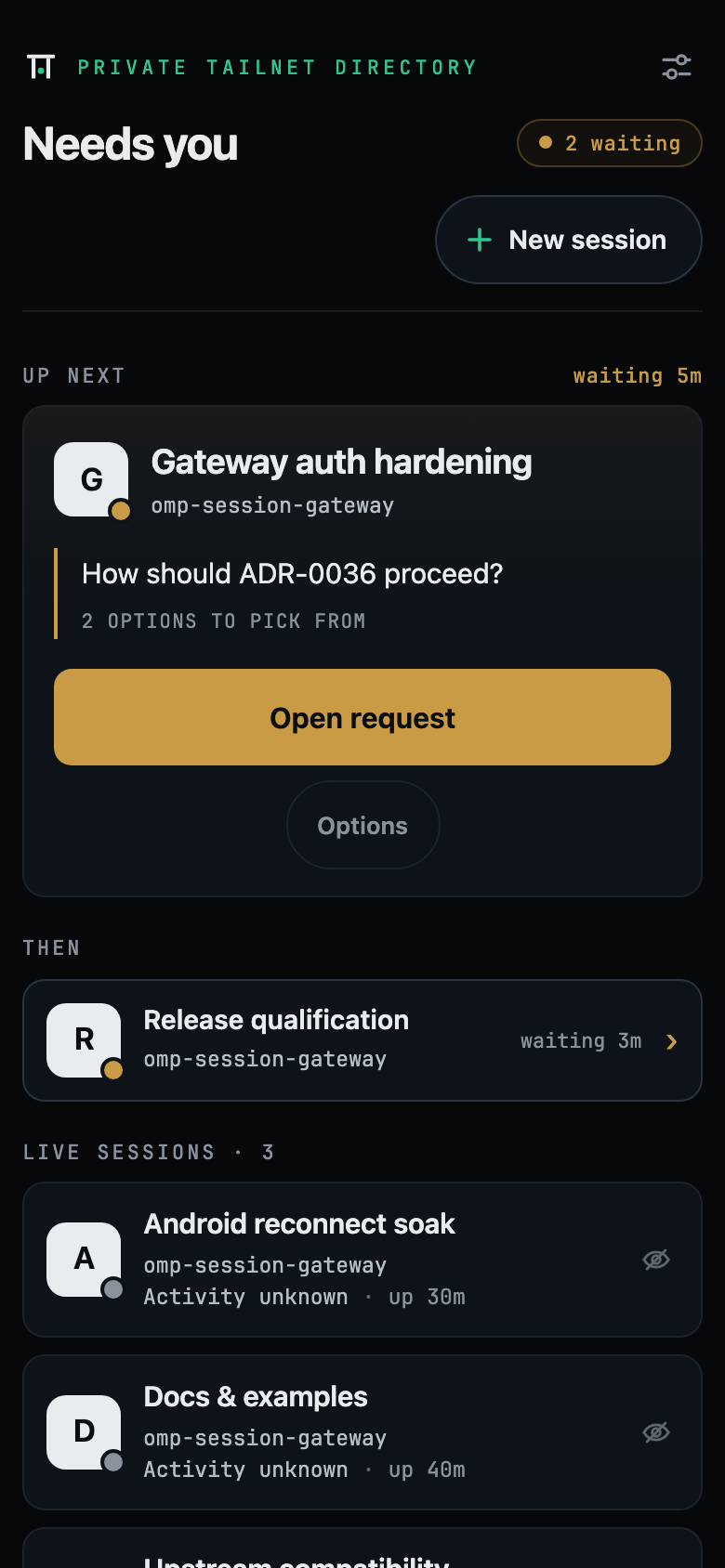 Sessions directory in the Needs you state with two waiting requests: the oldest, Gateway auth hardening, is promoted to a hero card with Open request and View transcript instead actions, ahead of Release qualification and three working sessions