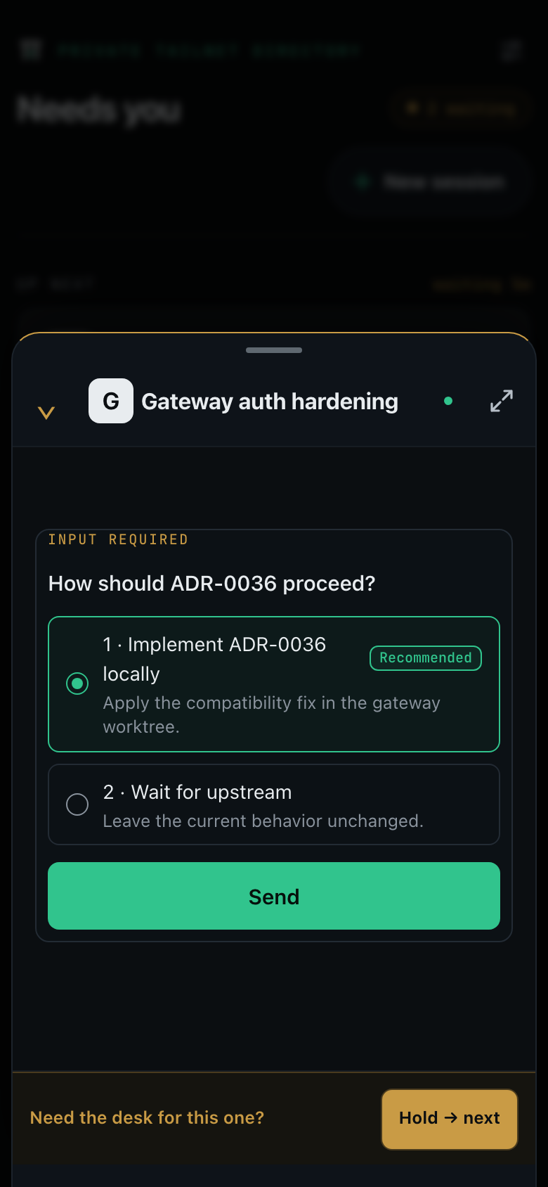 OMP's encrypted collaboration client opened on the exact request that was waiting for input