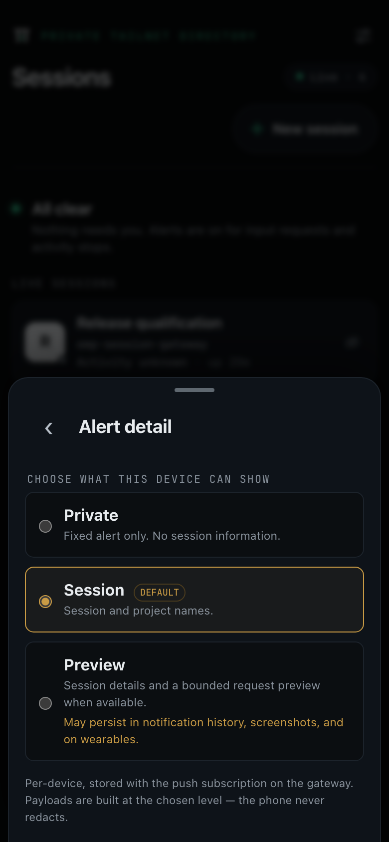 OMP Sessions settings sheet with a Background alerts section, per-device Private, Session, and Preview notification detail levels, Session selected as the default, and a Disable background alerts toggle